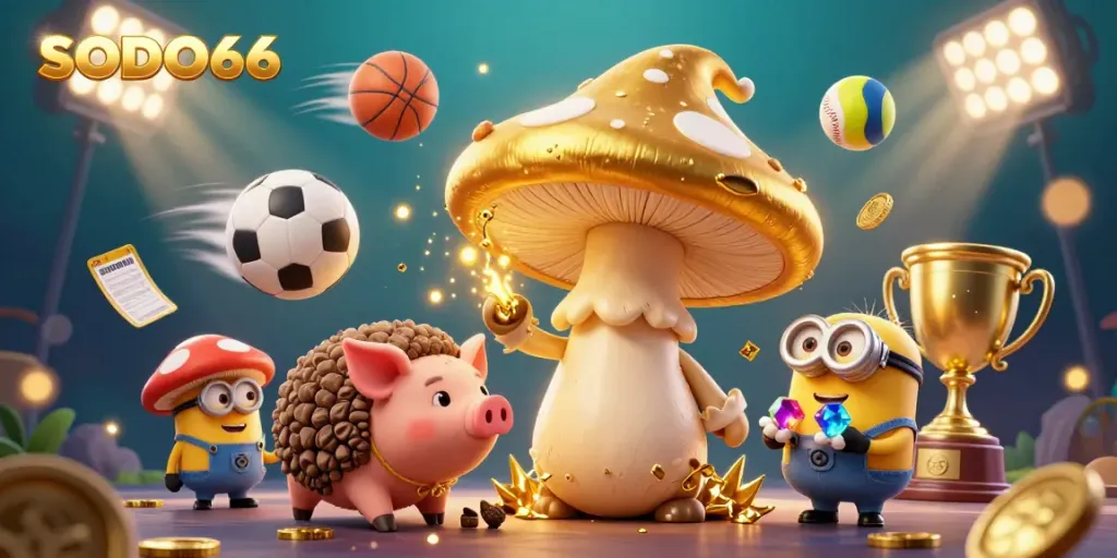 Engage with SODO66's magical 3D casino scene featuring a golden wizard and truffle pig surrounded by dynamic betting elements.