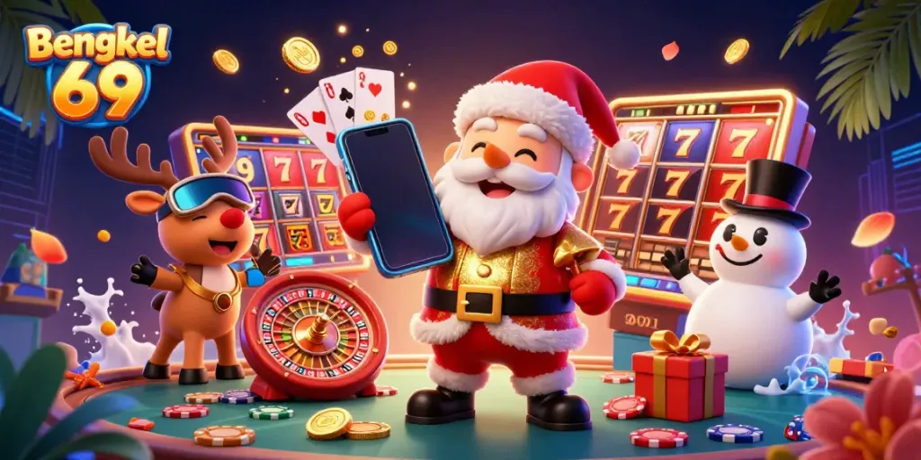 Engage with jackpot slots at Bengkel 69 while festive characters bring excitement to gaming.