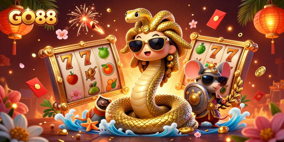 Experience exciting gameplay with GO88 in a vibrantly illustrated casino scene filled with slots and cheerful characters.
