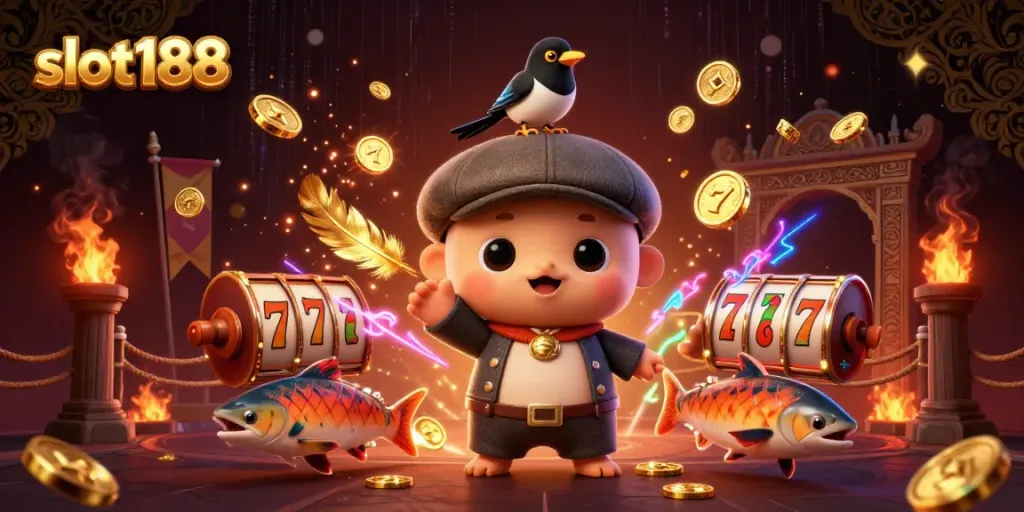 Slot188: permainan slot seru dengan karakter lucu, koin emas, dan suasana kasino yang megah.