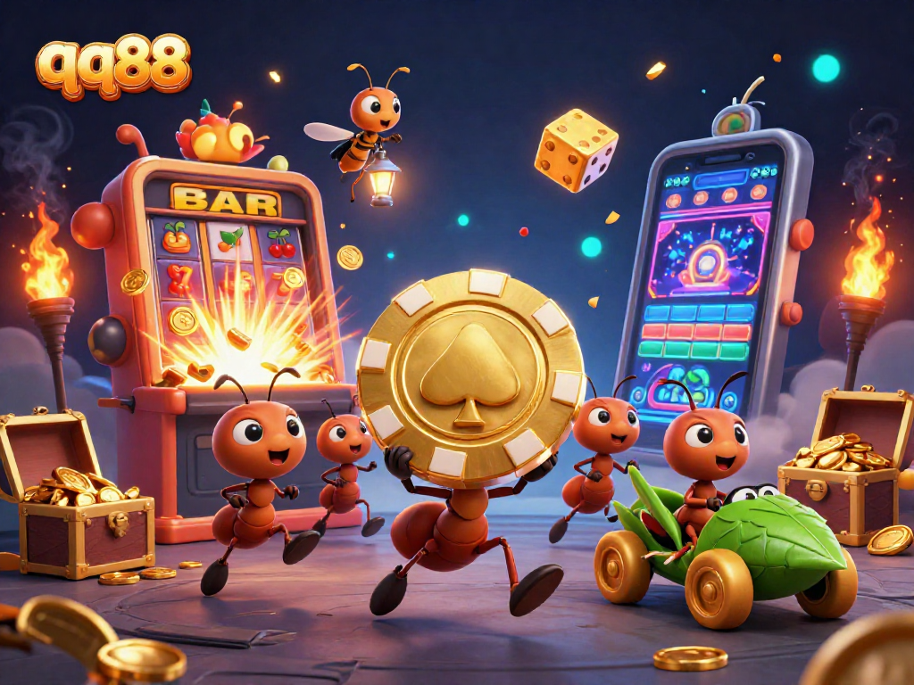 Engage with the thrill of qq88's exciting casino games in this dynamic, vibrant illustration.