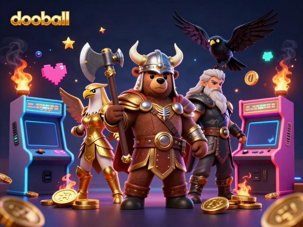 Engage with dooball in a vibrant 3D scene featuring epic characters and gaming elements for ultimate gaming thrills.