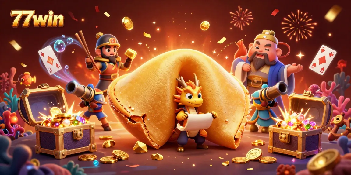 Experience the gaming dynamism of 77win with a rich 3D illustration blending fortune cookies, treasures, and lively casino action.