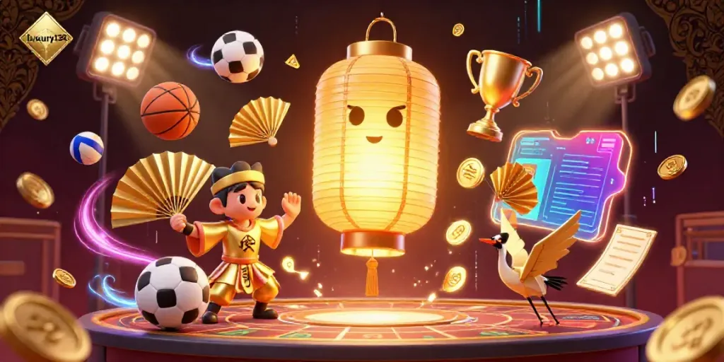 Experience thrilling gameplay at luxury138 with a vibrant casino scene filled with dynamic sports elements and mystical characters.