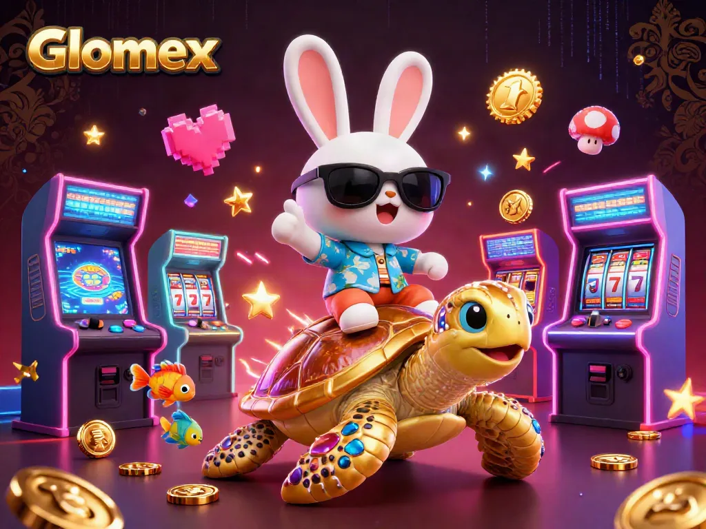 Engage players with Glomex gaming excitement featuring vibrant visuals of lucky rabbit and sea turtle in a casino setting.
