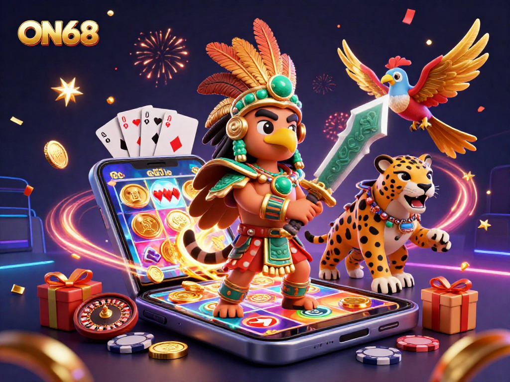 Experience thrilling gaming with ON68's Aztec warriors amidst lively casino activities.