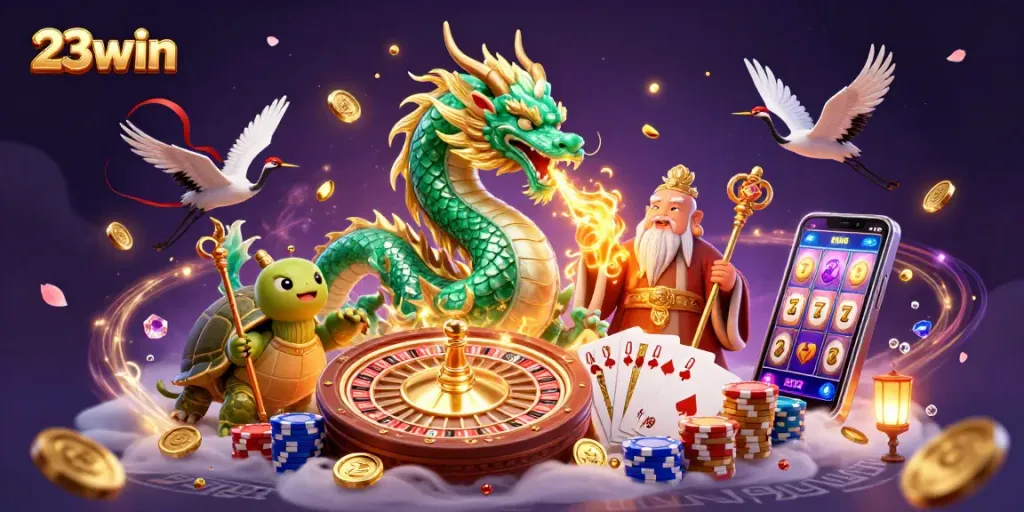 Experience 23win's thrilling gaming world with a dragon, turtle sage, and lucky cranes in a vibrant casino atmosphere.