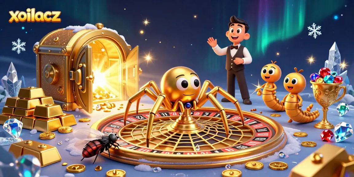 Experience the charm of xoilacz in a vibrant casino scene with a golden roulette web and lively characters.