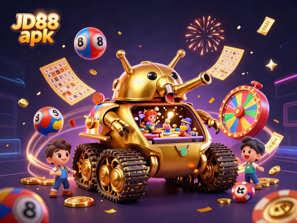 Win jackpots with JD88 apk featuring a dynamic casino scene with a golden beetle tank.