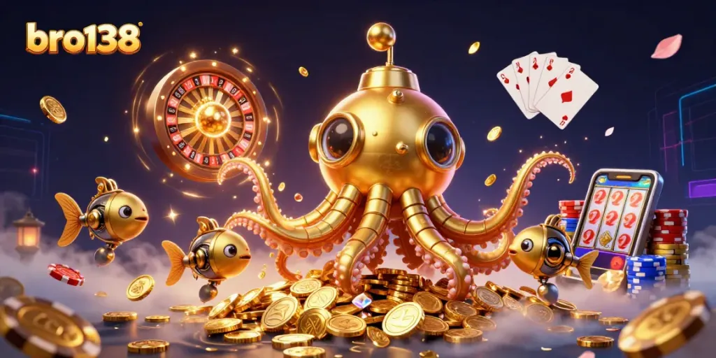 Experience thrilling gameplay at bro138 with a dynamic scene of golden kraken submarine and casino elements