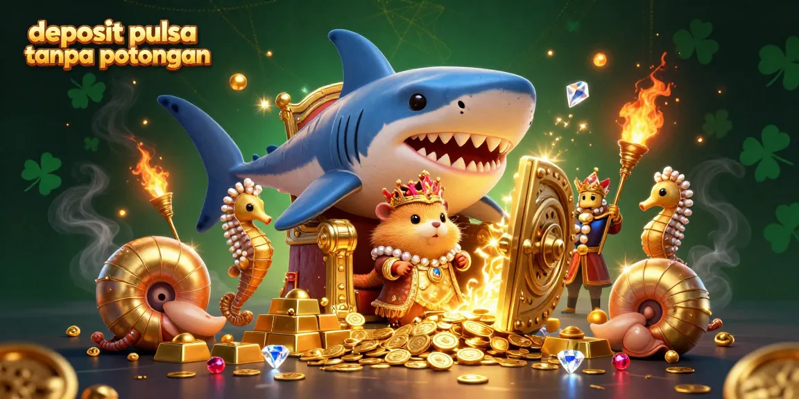 Engage with the vibrant scene of a casino featuring deposit pulsa tanpa potongan, golden treasures, and royal characters.
