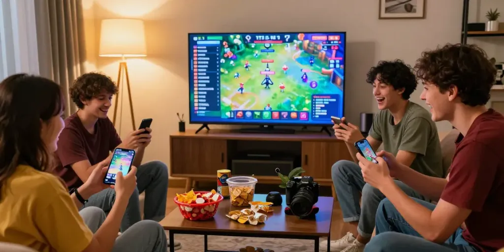 Friends enjoying 3 Patti No1 in a cozy living room setting, showcasing social gaming.