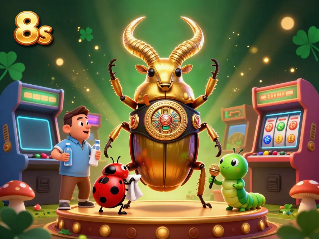 Experience exciting jackpots with 8s gaming, featuring a giant beetle champion and vibrant colorful slot machines.