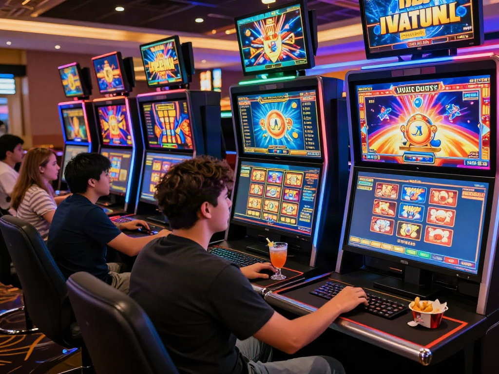 Engaging online gambling scene featuring rutanslot with players focused on vibrant slot games.