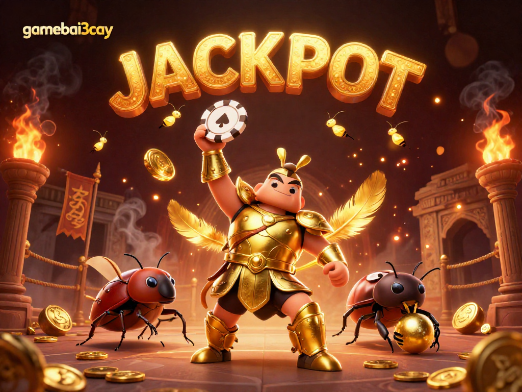 Experience the thrill with gamebai3cay as the heroic beetle celebrates a jackpot victory.