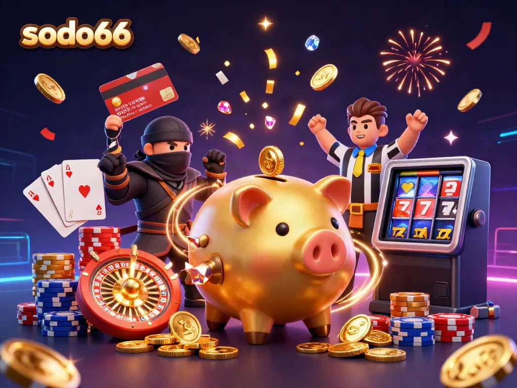 Join the excitement with SODO66 as the golden piggy bank sumo wrestles, surrounded by winning coins and gems.
