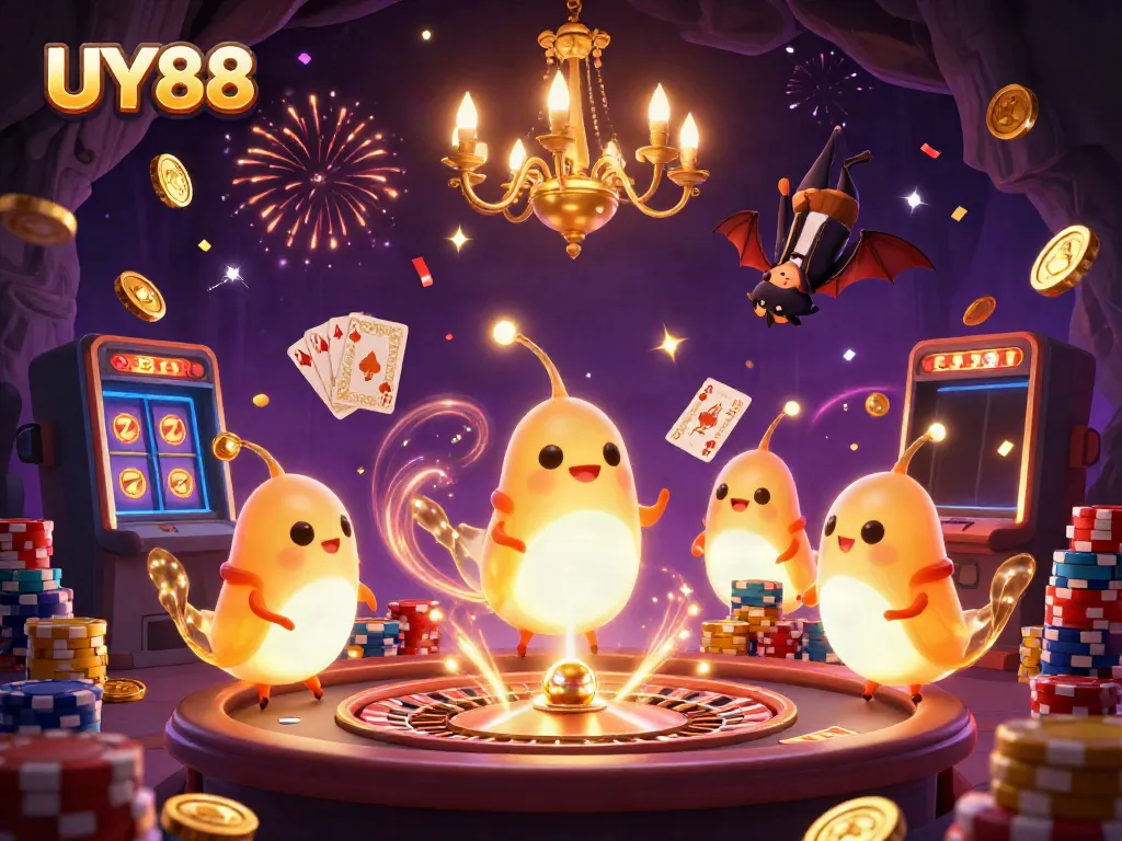 Experience exciting gaming at UY88 with vibrant casino elements and illuminated characters fostering a lively atmosphere.