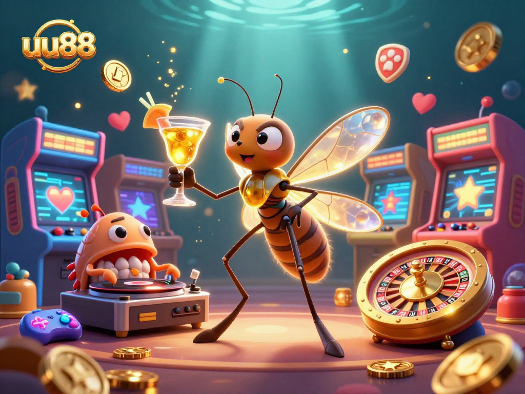 Experience the thrill of uu88 with a vibrant casino mascot and gaming elements.