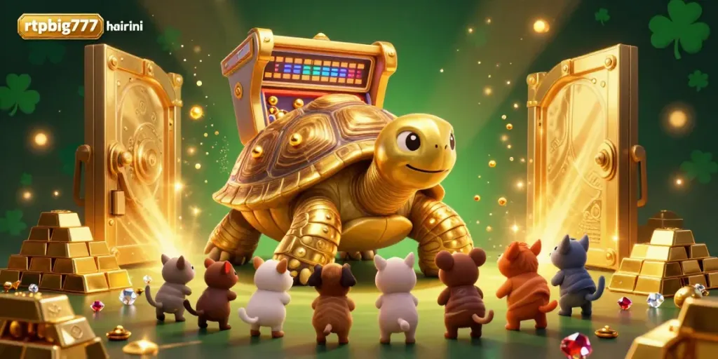 Play and win with rtpbig777hariini: a vibrant casino scene with a giant pinball tortoise, treasures, and gems.