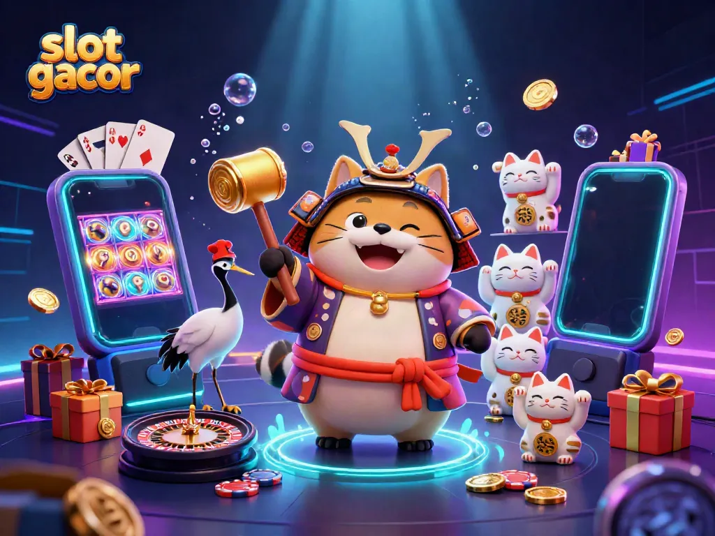 Menangkan permainan slot gacor dengan tanuki beruntung dan kucing maneki-neko di ilustrasi kasino 3D.