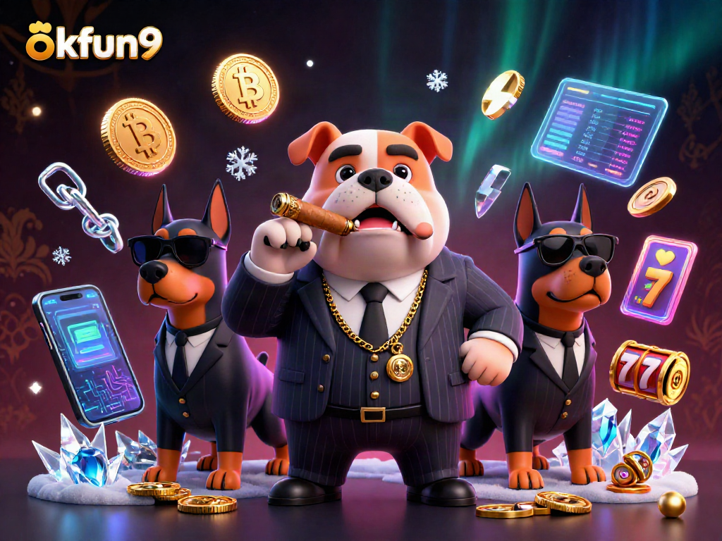 Engage in thrilling gambling with okfun9, featuring a mafia boss bulldog surrounded by vibrant crypto symbols.