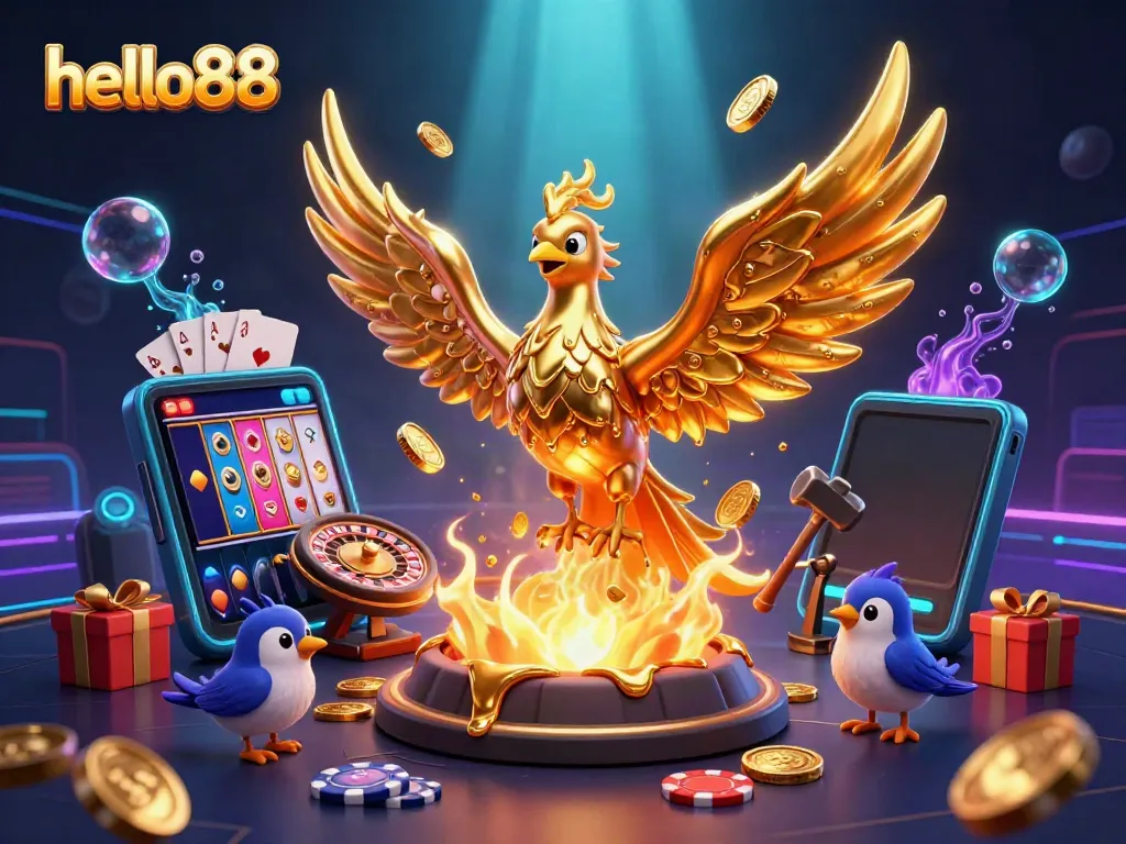 Experience thrilling gameplay with hello88's exciting casino scene featuring golden coins and vibrant games.