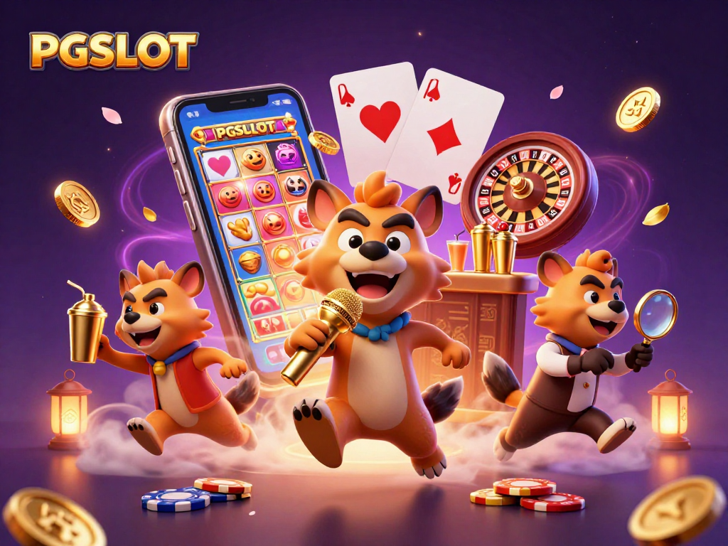 Experience PGSLOT with vibrant characters in a comedy casino club scene, featuring thrilling gaming elements.