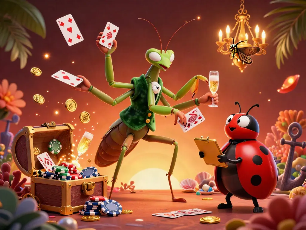 S666 players celebrate winning as a giant praying mantis card sharp and ladybug pit boss manage the lively casino.