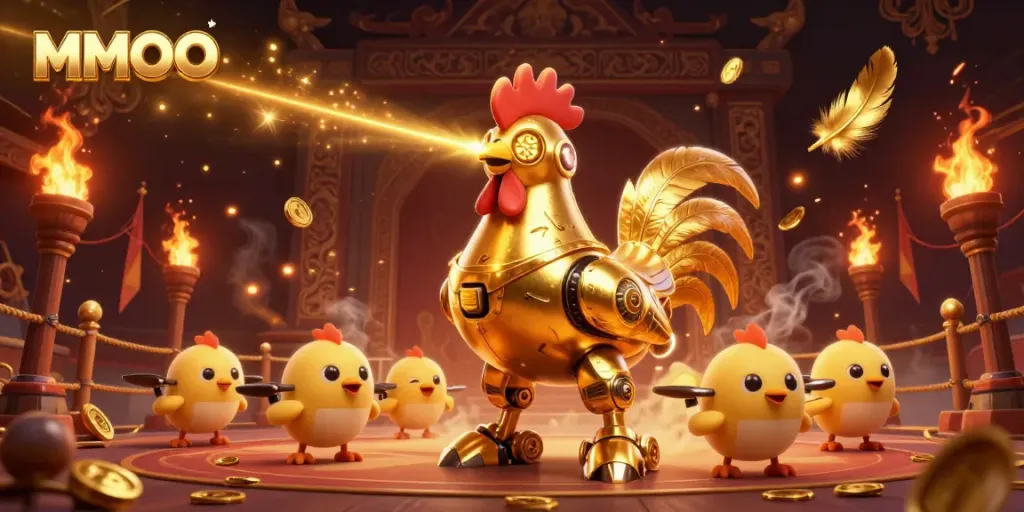 Witness the MMOO golden rooster robot leading baby chick drones in a vibrant casino scene, surrounded by golden elements.