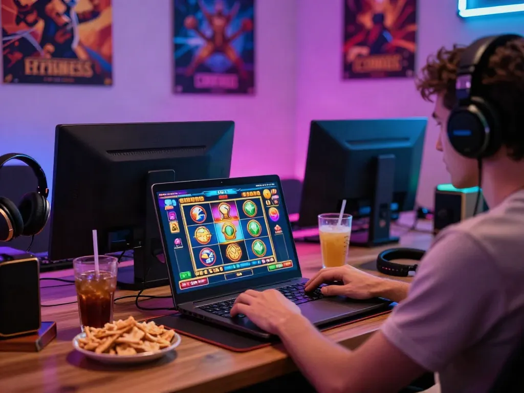 A lively online gaming setup showcasing akunjp slot game interaction with cozy lighting and snacks.