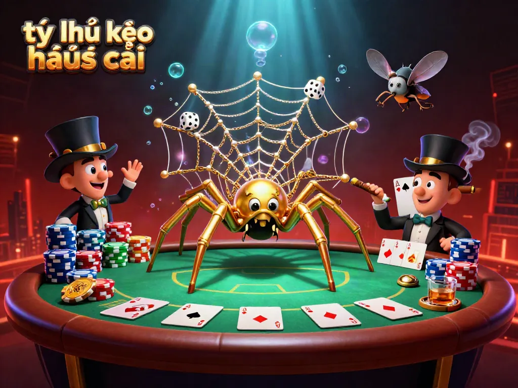 Engage with the latest tỷ lệ kèo nhà cái as the spider weaves a web of golden chains and poker chips in this vibrant casino scene.