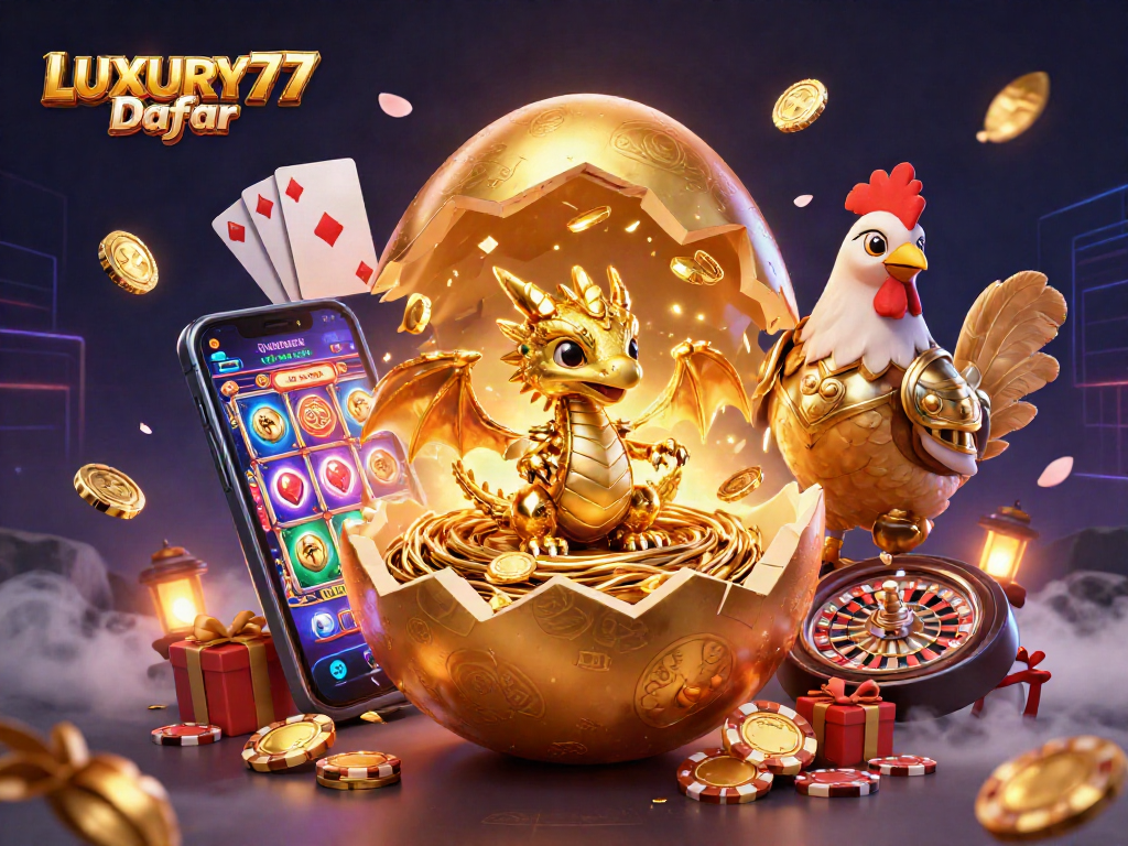 Menghadapi petualangan seru di LUXURY777 Daftar dengan naga emas dan chip poker yang menyala.