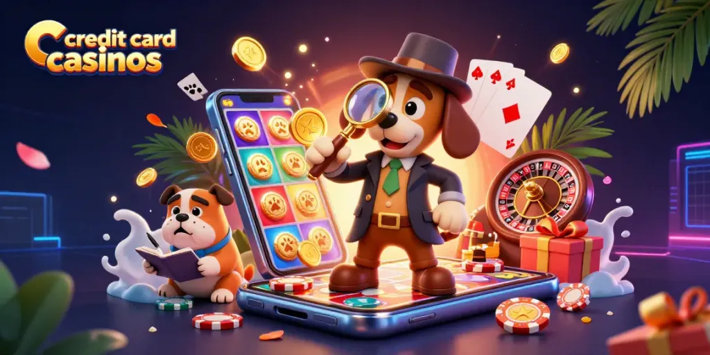 Engaging scene depicting credit card casinos with a detective dog and bulldog exploring a treasure hunt through gambling elements.