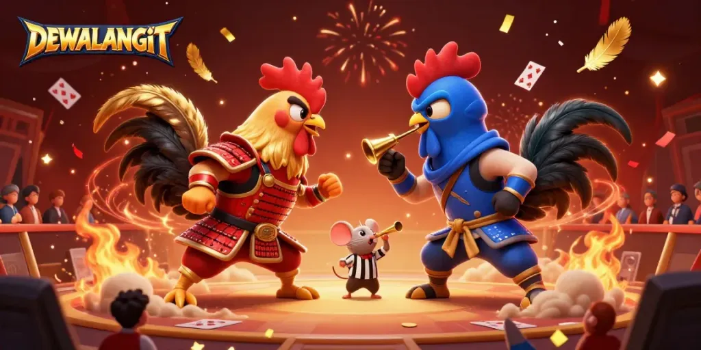DEWALANGIT disajikan dengan ilustrasi 3D ayam jantan bertarung dalam arena dengan efek latar yang dramatis.
