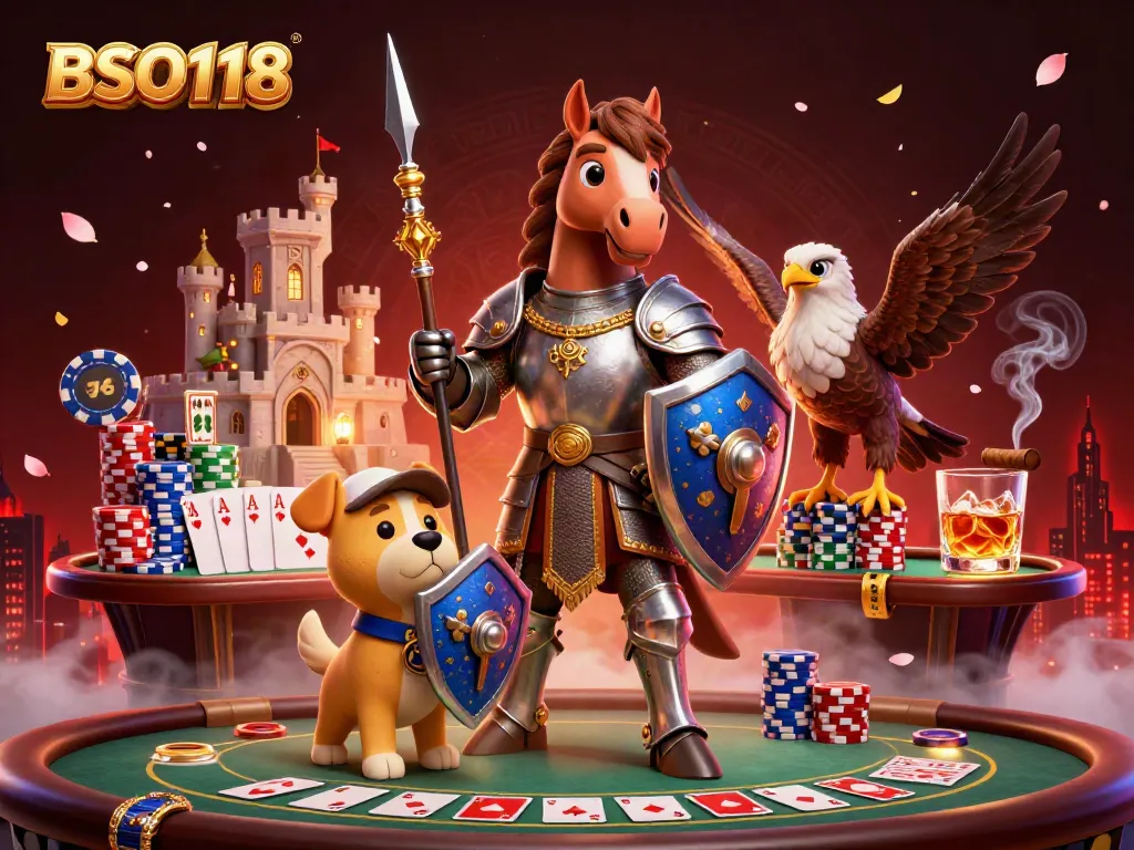 Experience high-stakes action with BSO118 in a vibrant casino setting featuring medieval characters and poker elements.