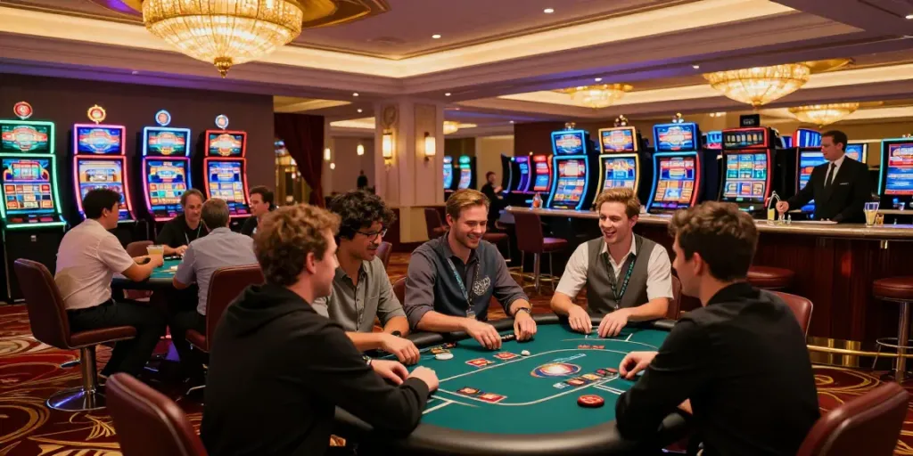 A80 website gaming experience in a bustling casino, players cheering at a poker table surrounded by illuminated slot machines.