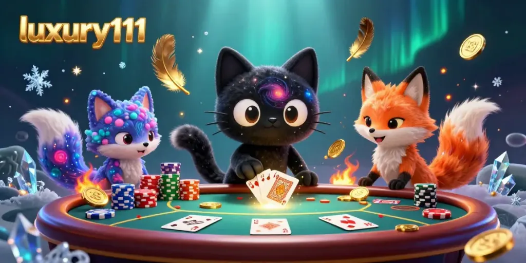 Experience the thrill of luxury111 as vibrant characters partake in cosmic casino games amidst swirling cosmic elements.