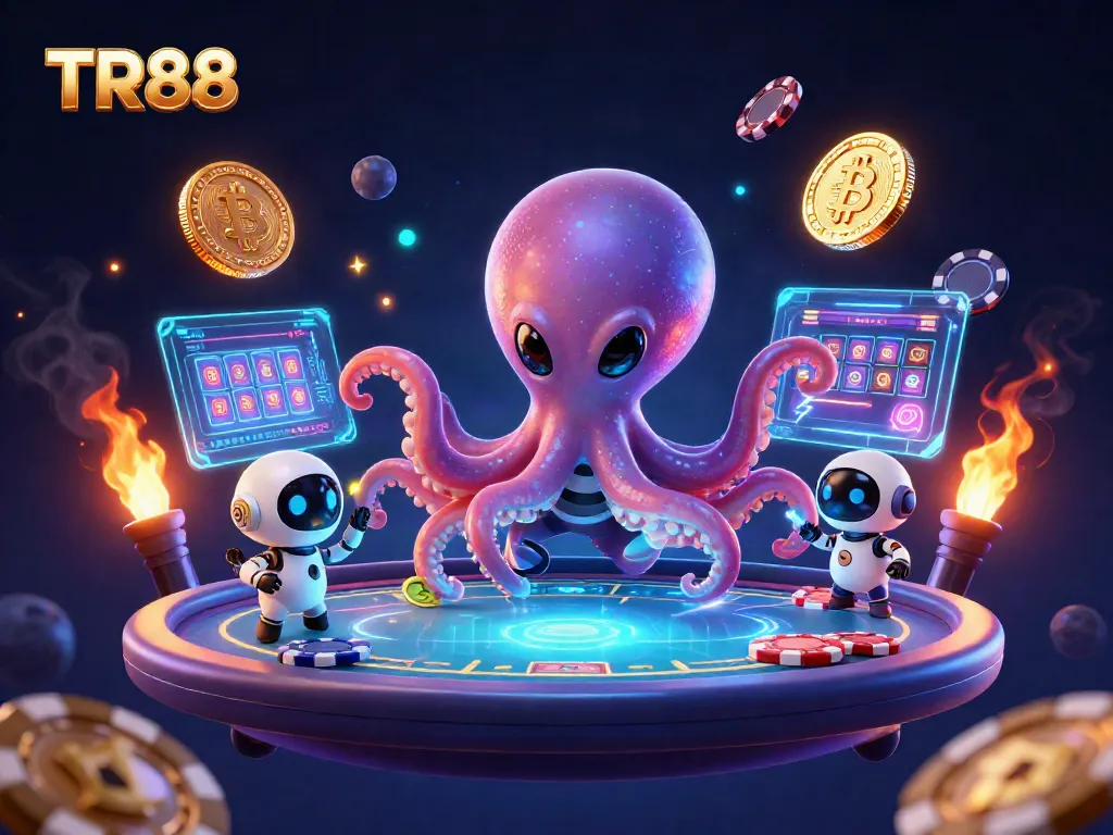 Experience TR88's thrilling poker action with alien characters and vibrant cosmic elements.