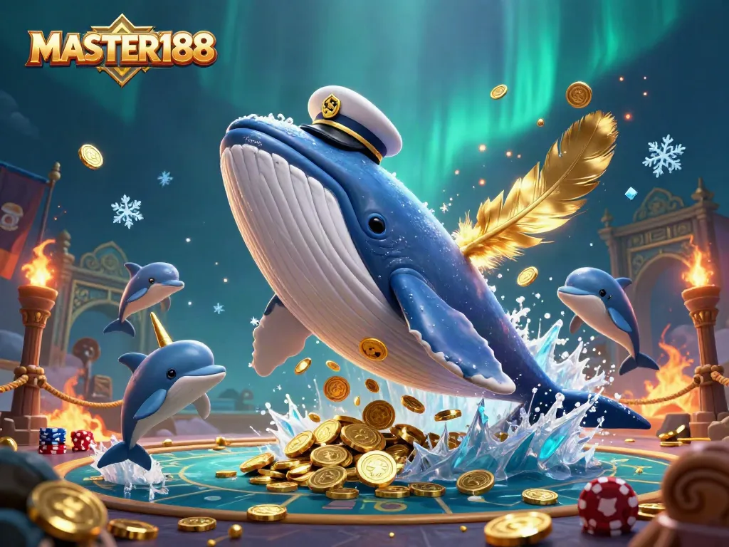 Experience thrilling gameplay at MASTER188 with a whimsical 3D illustration of a whale in a casino of gold coins.