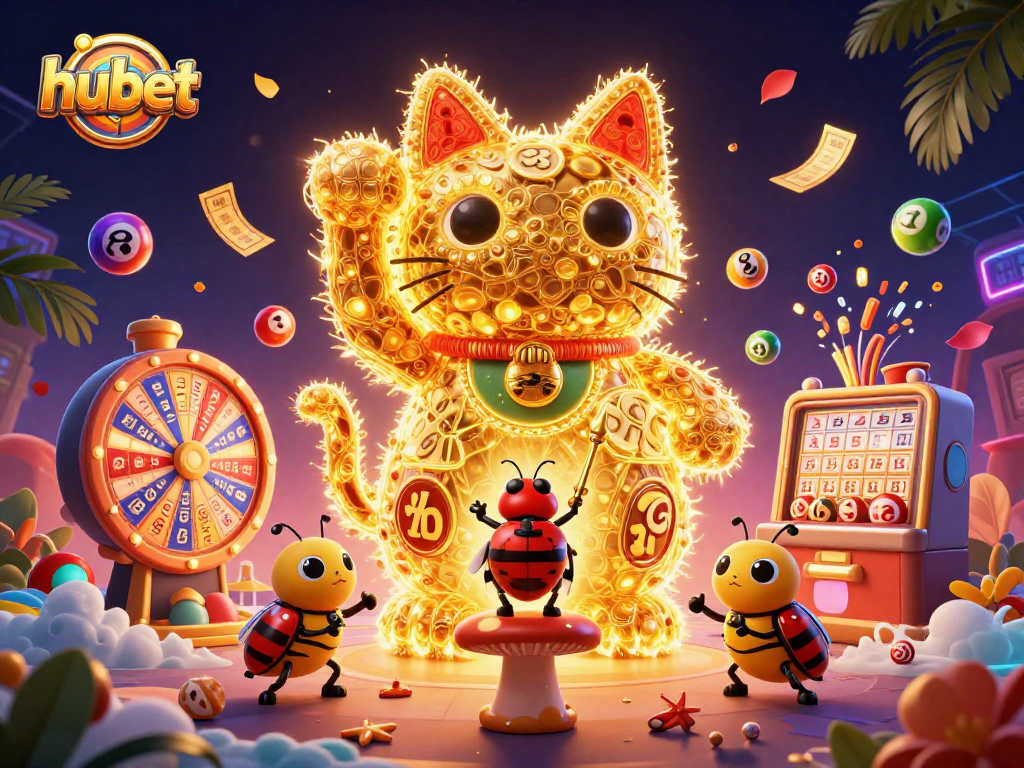 Engage with hubet's vibrant casino world amidst a lucky cat and animated symbols.
