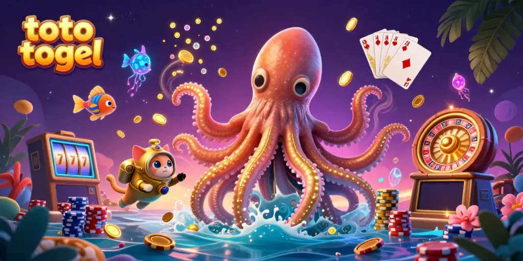 Experience winning with toto togel through this fantasy illustration featuring a giant kraken and diving cat.