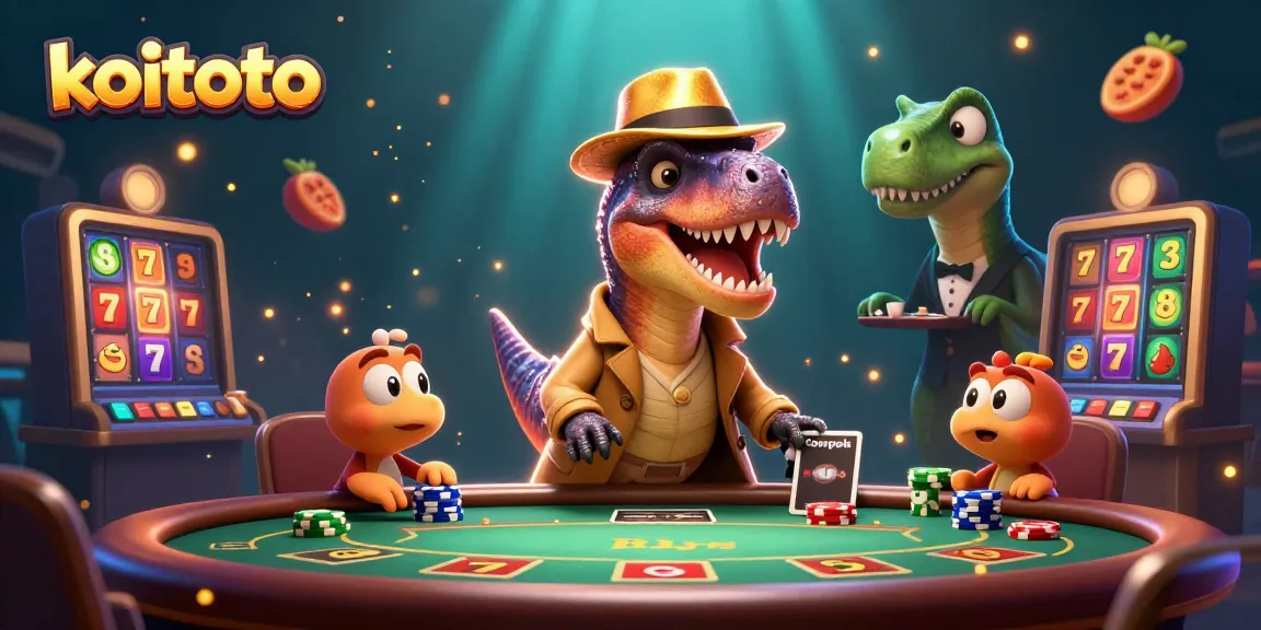 Koitoto memberikan suasana menarik dengan kartunis velociraptor di kasino, memikat perhatian pemain slot.