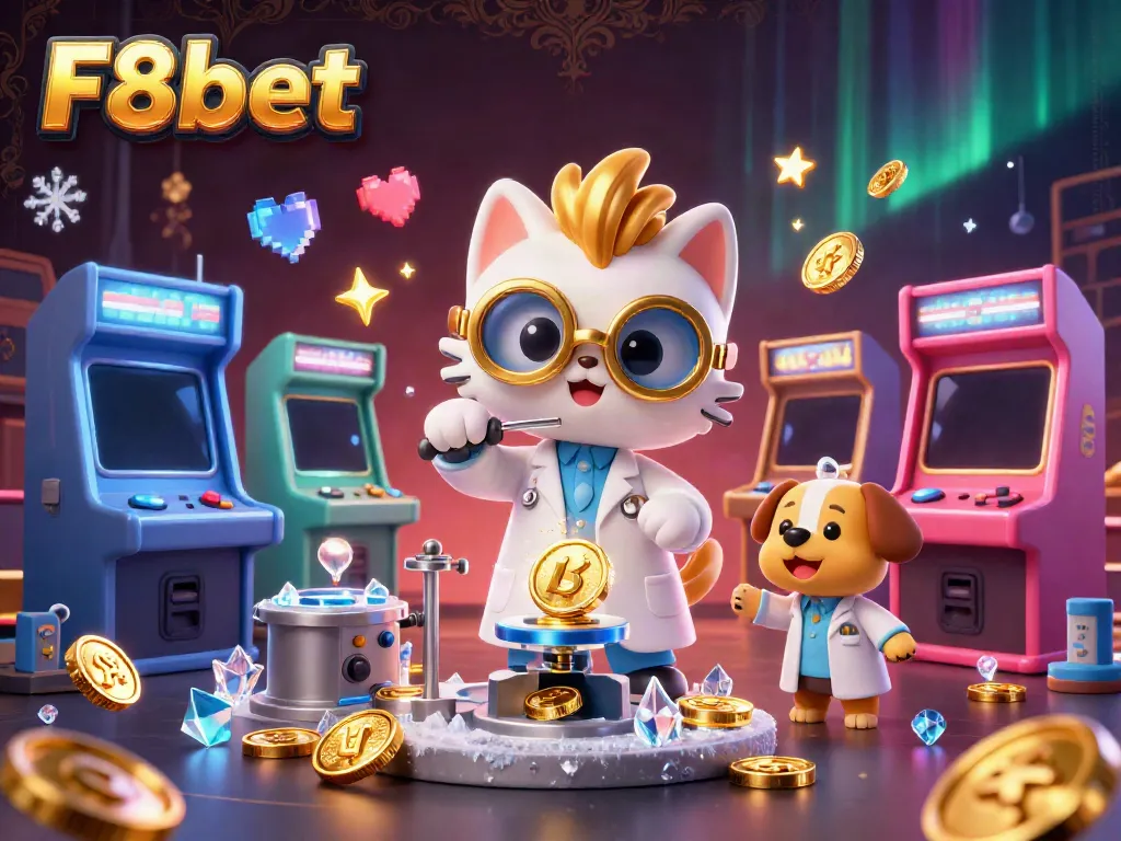Engaging 3D casino illustration showcasing F8bet fun with a scientist cat and dog, surrounded by exciting gaming elements.
