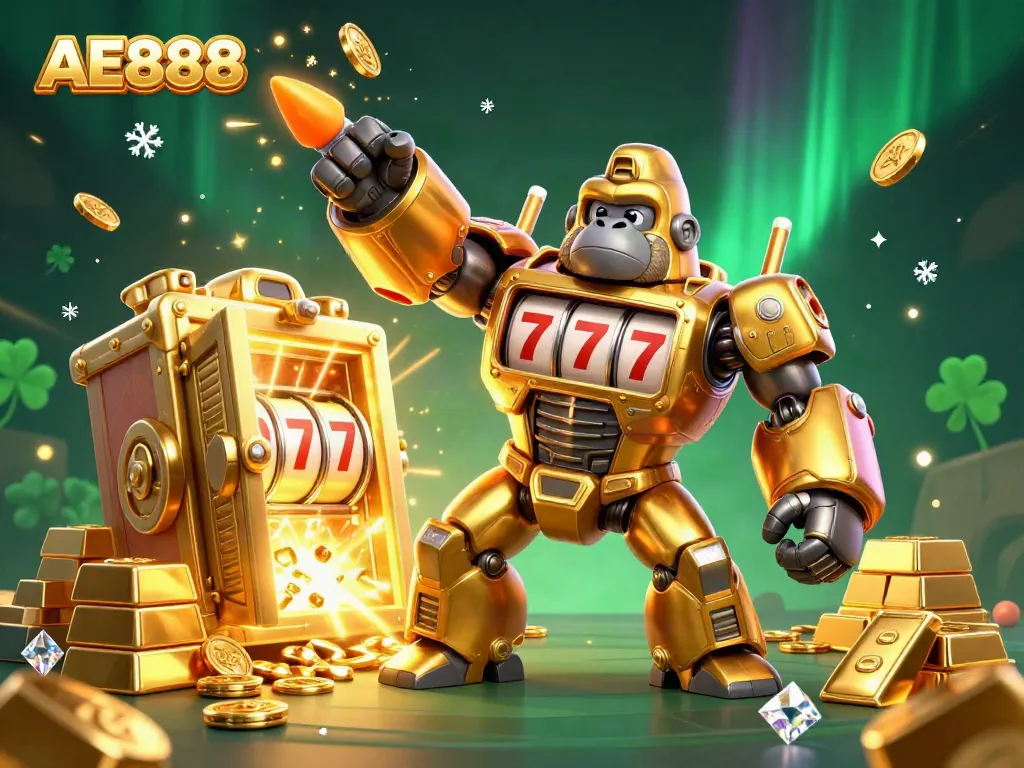 Engage in thrilling gameplay with AE888, showcasing a dynamic scene of a golden gorilla mech amidst gold riches.