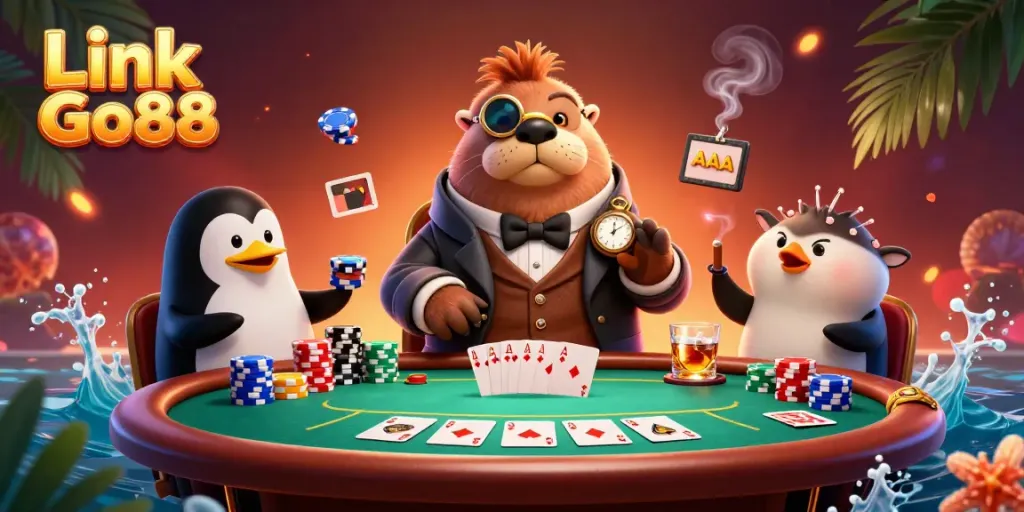 Experience thrilling poker action with Link Go88's underwater showdown featuring unique characters and vibrant elements.