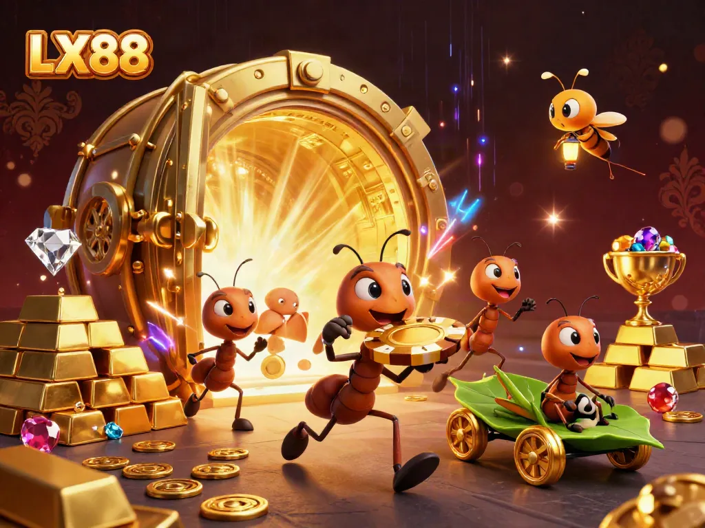 Experience the excitement of LX88 with a dynamic heist scene featuring ants and extravagant treasures