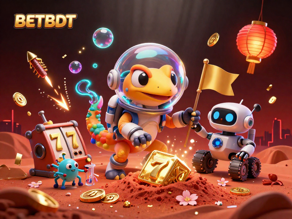 Experience the excitement of BETBDT with a Martian gecko and treasures in this vibrant casino scene.