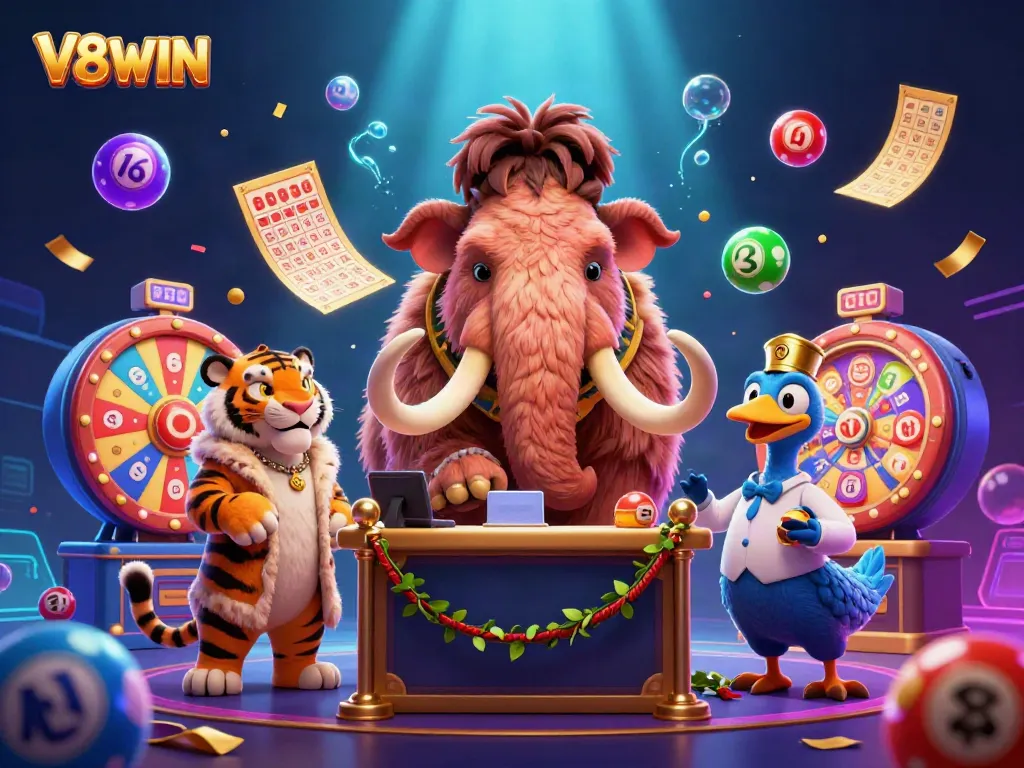 Engage with V8WIN's vibrant casino world featuring a woolly mammoth checking IDs.