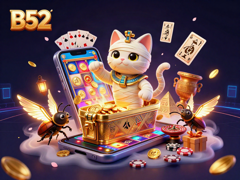 B52 casino-themed illustration showcases an Egyptian mummy cat and scarab beetle amid slot games and poker chips.