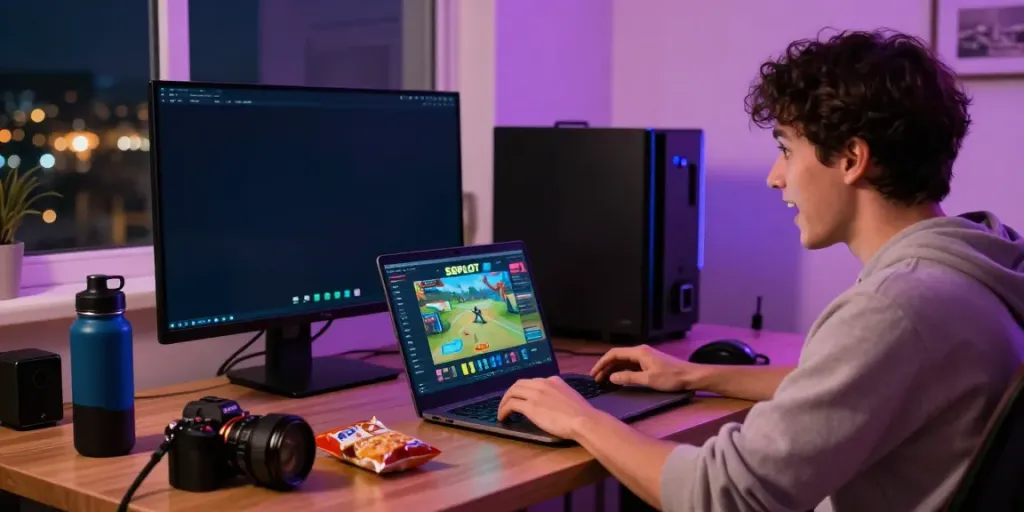 Engaged gamer using SGPSLOT on a laptop in cozy gaming setup.